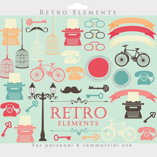 Retro clipart - vintage clip art typewriter bicycle bikes lamps skeleton key bird cage birdcage antique elements personal commercial use