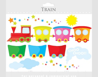 Stitched train clipart - cute train clip art and wagons, sun, clouds, smoke, stars, choo choo for personal and commercial use