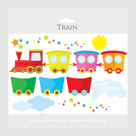 Stitched train clipart - cute train clip art and wagons, sun, clouds, smoke, stars, choo choo for personal and commercial use