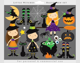 Witch clipart - Halloween clip art, witches, cute, little, broomstick, moon, black cat, witch's cauldron, spider