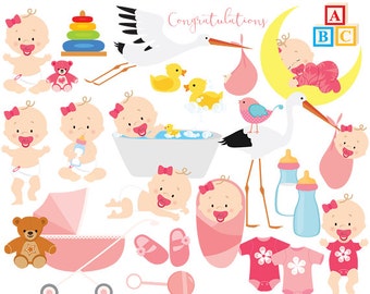 Baby clip art baby clipart baby girl baby shower pregnancy birth stork pink bath rubber duck toys baby bottle one-piece commercial use