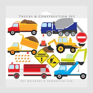 May include: A set of construction vehicle clip art featuring a red dump truck, a blue cement mixer, a yellow tractor, a green excavator, a red fire truck, and a blue tow truck. The set also includes a yellow construction sign that says "Under Construction", a yellow road sign with a worker digging, a yellow and orange striped barricade, a brown traffic cone, and a red stop sign.