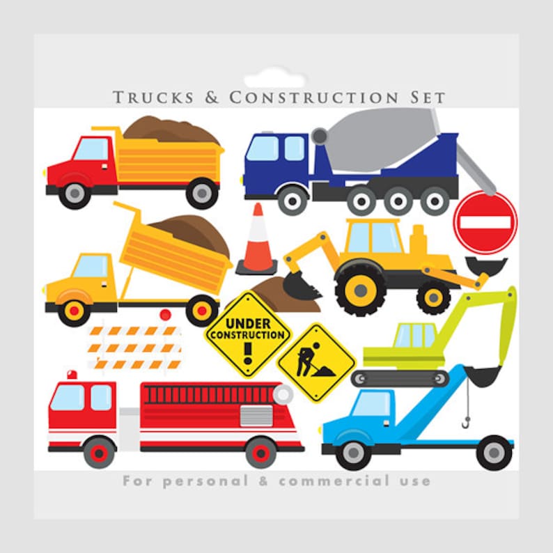 May include: A set of construction vehicle clip art featuring a red dump truck, a blue cement mixer, a yellow tractor, a green excavator, a red fire truck, and a blue tow truck. The set also includes a yellow construction sign that says "Under Construction", a yellow road sign with a worker digging, a yellow and orange striped barricade, a brown traffic cone, and a red stop sign.