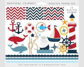 Nautical clipart - ship clip art, sailor clipart, lighthouse, ocean, sea, waves, anchor, papers, compass, for personal and commercial use