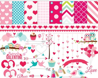 Valentine's day clipart - love clip art, romantic, romance, pink, hearts, amour, amor, valentine, papers, birds, owls, sweet, arrows