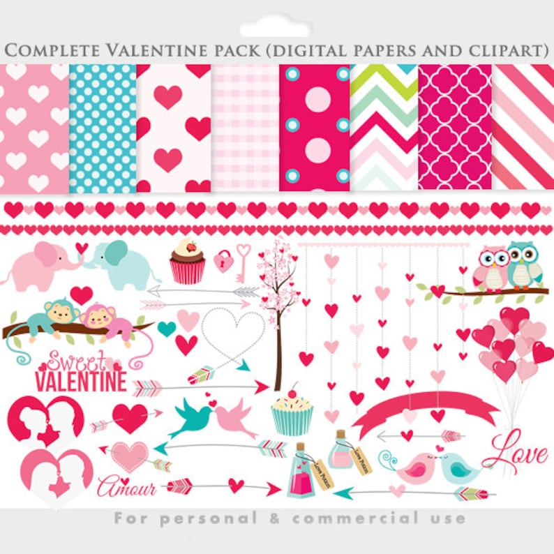 Valentine's day clipart love clip art, romantic, romance, pink, hearts, amour, amor, valentine, papers, birds, owls, sweet, arrows image 1