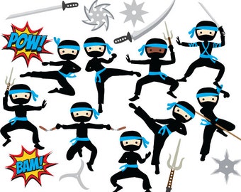 Ninja clipart - ninja clip art boy karate martial arts cute whimsical throwing stars sword katana black pink personal and commercial use