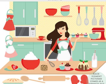 Baking clipart - cooking clip art, kitchen, girl, aprons, food, sweets, mixer, cook, digital clipart for scrapbookings, bakery, sweets, food