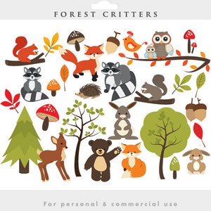 Woodland clipart - forest clip art, cute, whimsical, critters, forest animals, fox, raccoon, deer, bear, squirrel, leaf, leaves, acorns