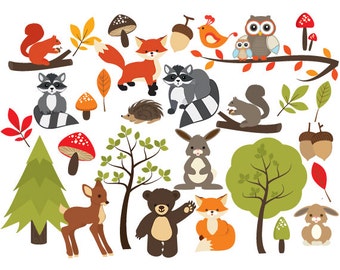 Woodland clipart - forest clip art, cute, whimsical, critters, forest animals, fox, raccoon, deer, bear, squirrel, leaf, leaves, acorns