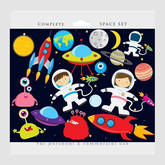 Set of space objects. Spaceship, rockets, planets, astronaut, alien, UFO  etc Stock Vector