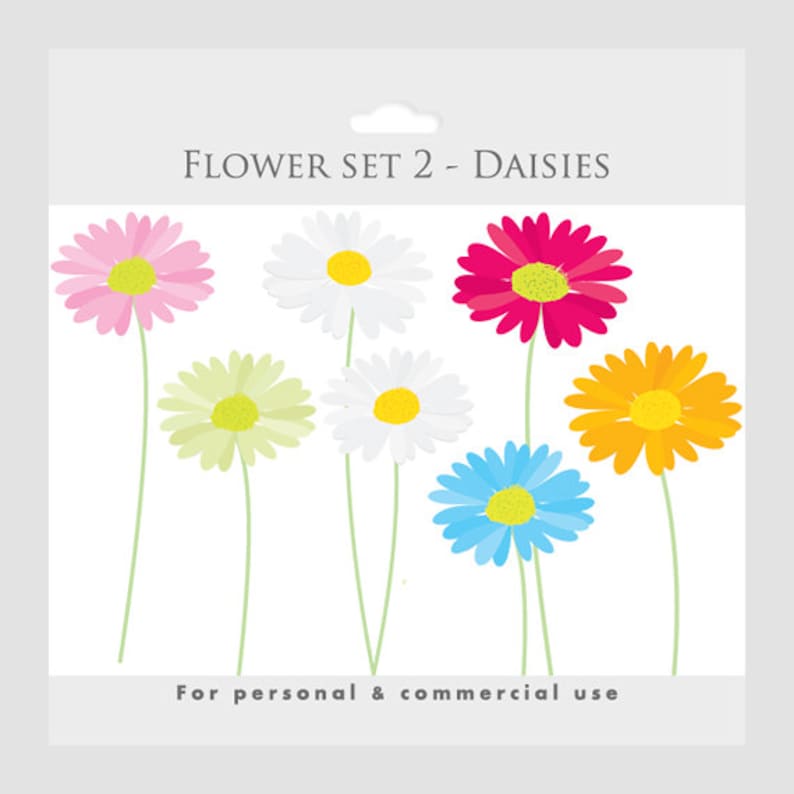 May include: A set of seven colorful daisy flower illustrations, with the text "FLOWER SET 2 - DAISIES" and "For personal & commercial use" at the top and bottom of the image.