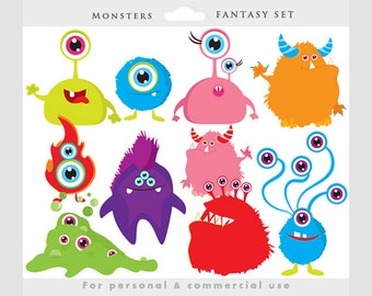 Monster clipart - monsters clip art, whimsical, cute, aliens, colorful, characters, personal and commercial use for invitations scrapbooking