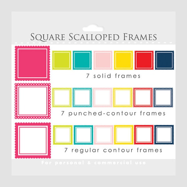 Square scalloped frames clipart - square frames for collages, digital scrapbooking - red, pink, blue, green, for personal and commercial use