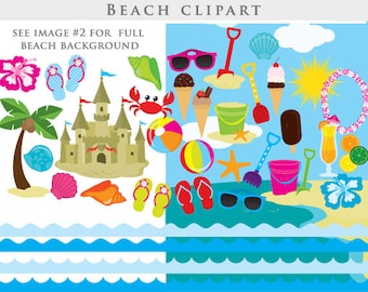 Beach clipart - summer clipart, beach ball, sand castle, palm, shells, sea shells, flip flops, sunglasses, bucket, lei, ice cream commercial