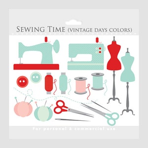 May include: A set of sewing themed illustrations in vintage colors. The set includes two sewing machines, spools of thread, buttons, needles, scissors, and two dress forms. The text "Sewing Time (Vintage Days Colors)" is at the top of the image. The text "For personal & commercial use" is at the bottom of the image.