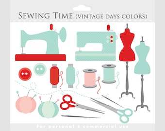 Sewing clipart - whimsical sewing clip art, green, pink, red, vintage sewing machine, buttons, thread, needle, pincushion, scissors