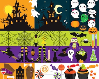 Halloween clip art - haunted house clipart spooky clipart jack o'lanterns pumpkins witch halloween candy spider web bats cute ghosts kawaii