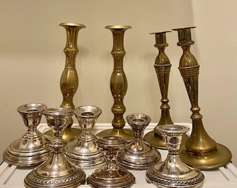 Assorted Antique Brass and Sterling Silver Candlestick Holders