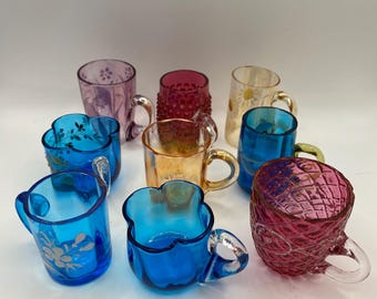 Antique Mini Glass Cups Hand Blown and Painted EAPG Liqueur Glasses/ Salt Dip Blue Pink Orange