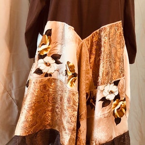 Shabby chic Lagenlook asymmetrical floral and paisley embroidered brown v neck satin &cotton and polyester loose fitting magnolia dress 2X