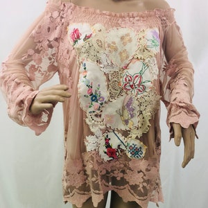 L  off the shoulder lace peach color wearable art Hand embroidered baroque Victorian romantic floral  rococo/prairie top/blouse