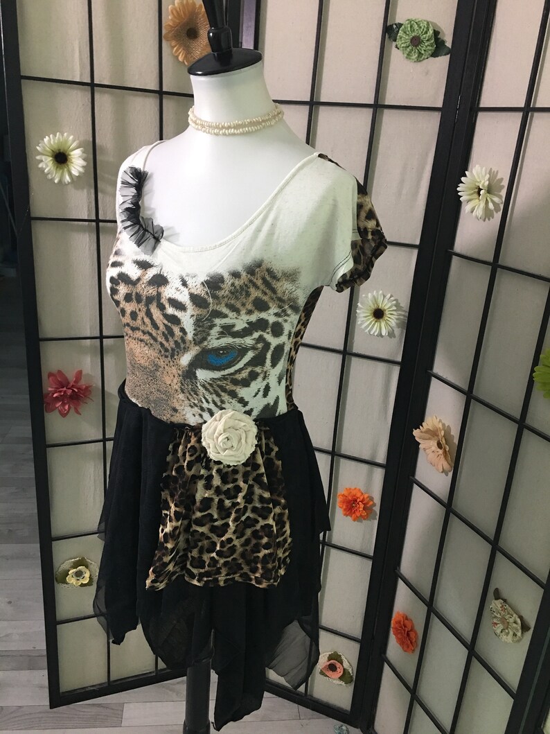 Stevie Nicks style Leopard print altered couture tattered boho toptunicdress size:SM