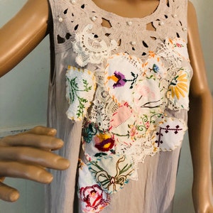 XL beige Cotton hand embroidered patchwork wearable art floral romantic bridal vintage motifs baroque ,prairie ,magnolia dress