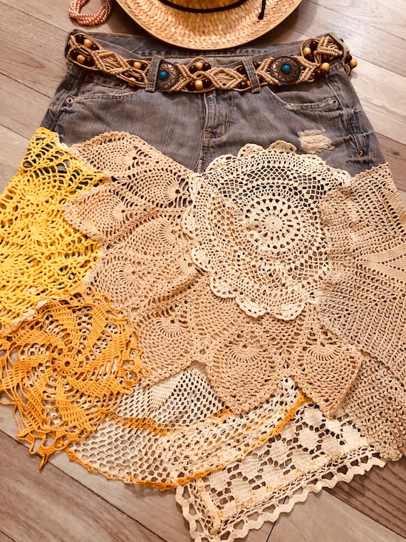 ショートパンツ Hashtag DDD Variety cowboy petal skirt Cowgirl Stevie Nicks Style Crochet Doily Denim Skirt