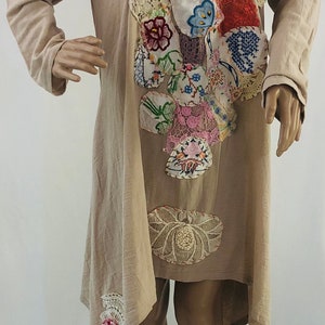L/XL Beige linen asymmetrical Lagenlook embroidered ,baroque,adorned with vintage motifs tunic/dress with pockets.