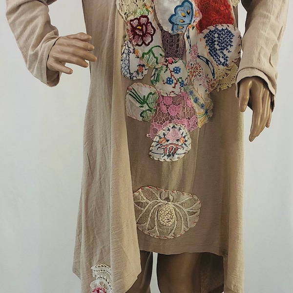 L/XL Beige linen asymmetrical Lagenlook embroidered ,baroque,adorned with vintage motifs tunic/dress with pockets.