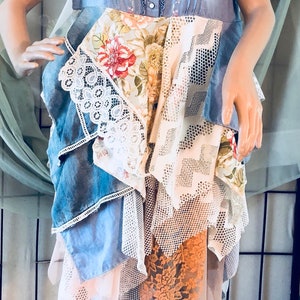 Cowgirl /Stevie Nicks style fairy tattered layered lagenlook altered couture romantic embellished denim dress size L