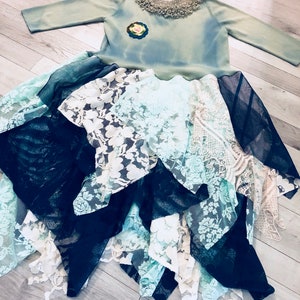 Cowgirl /Stevie Nicks style hand dyed altered couture greenish blue tattered layered festival romantic magnolia dress size L
