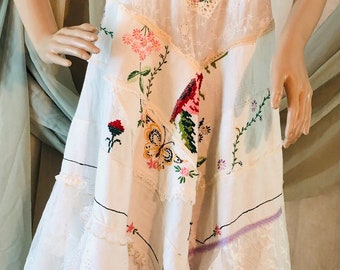 L/XL white Victorian romantic fairy tattered layered romantic embroidered needlework beach  wedding magnolia asymmetrical dress.