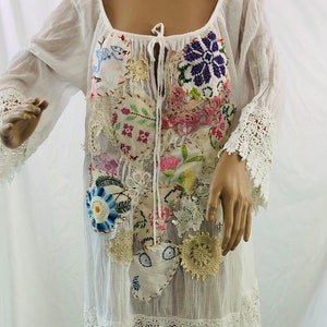 2X white guipure cotton Shabby chic embellished baroque,bridal hand embroidered with vintage components romantic tunic/babydoll top