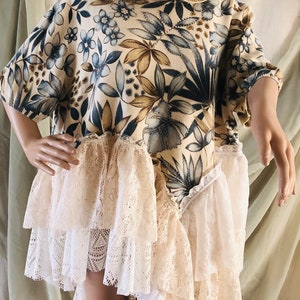 2X Cowgirl style blue  knitted cotton &acrylic beaded floral asymmetrical embroidered ruffled layered romantic magnolia winter top/tunic