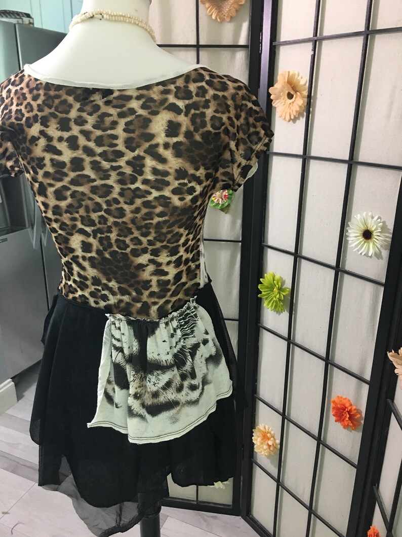 Stevie Nicks style Leopard print altered couture tattered boho toptunicdress size:SM