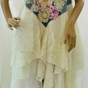 L/XL denim & lace embroidered with vintage components baroque patchwork tattered halter wedding bridal prairie dress