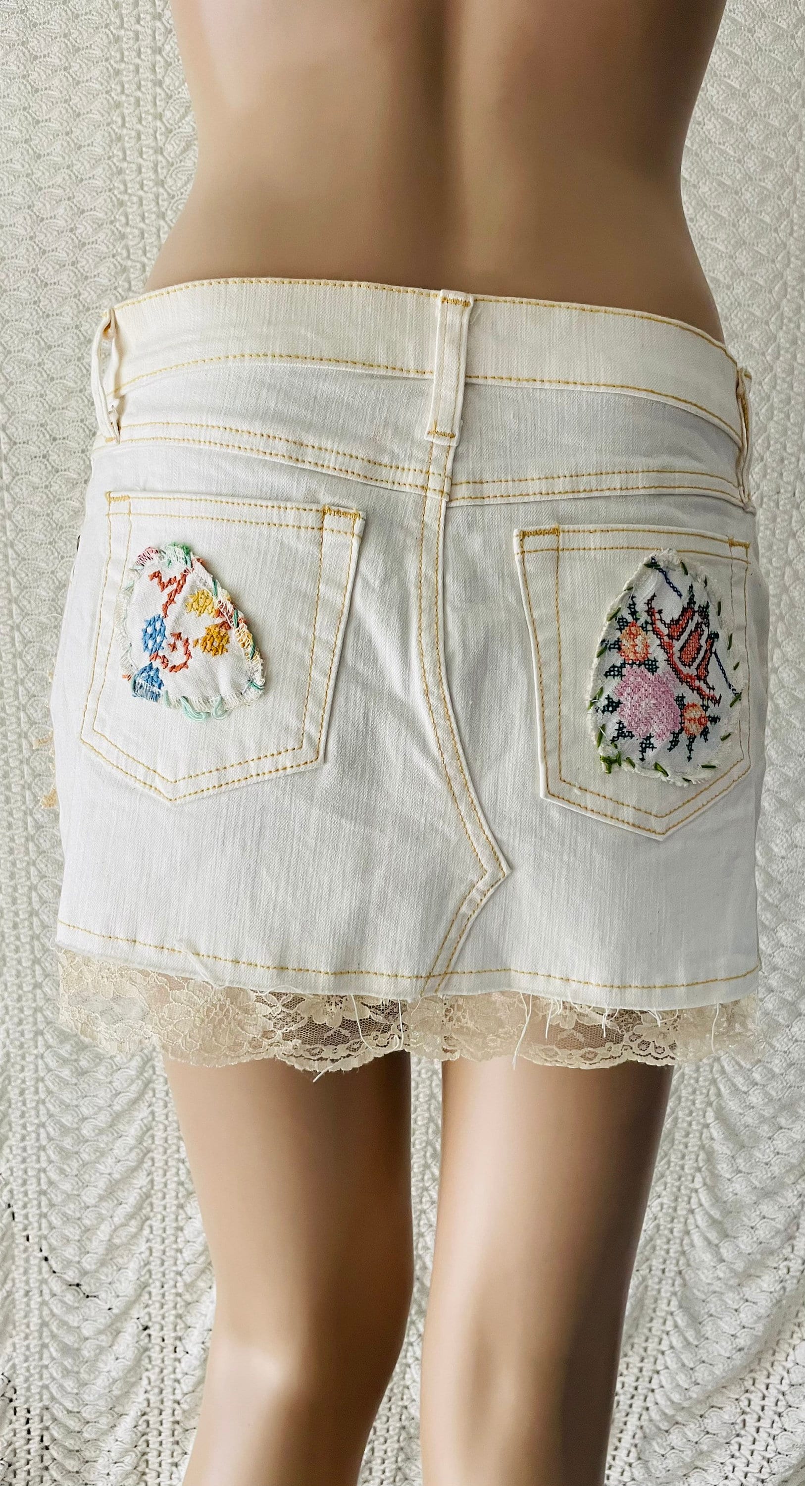 L White Mini Denim Skirt Adorned With Vintage Components Mixed Media ...