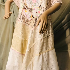 XL/1X/2X light pink Victorian romantic fairy tattered layered needlework embroidered beach  wedding magnolia prairie asymmetrical dress.