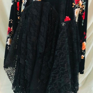 XL Black  floral velvet fairy tattered layered Lagenlook Stevie Nicks style festival/party romantic midi dress/tunic .