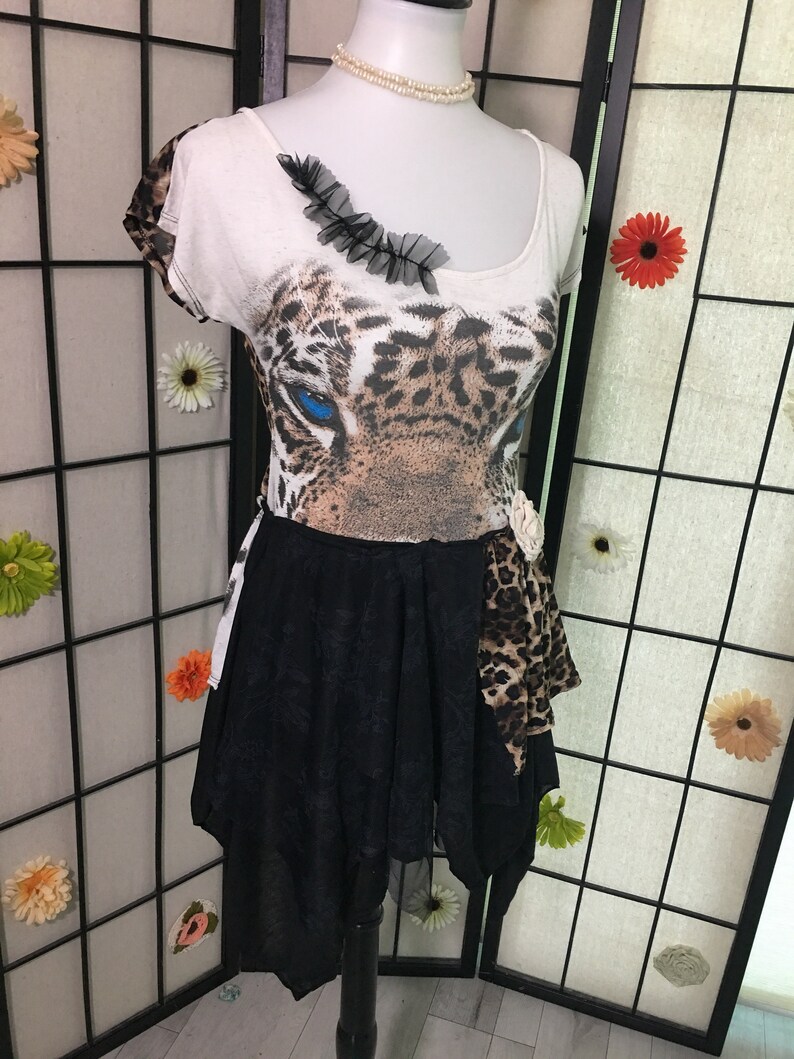 Stevie Nicks style Leopard print altered couture tattered boho toptunicdress size:SM