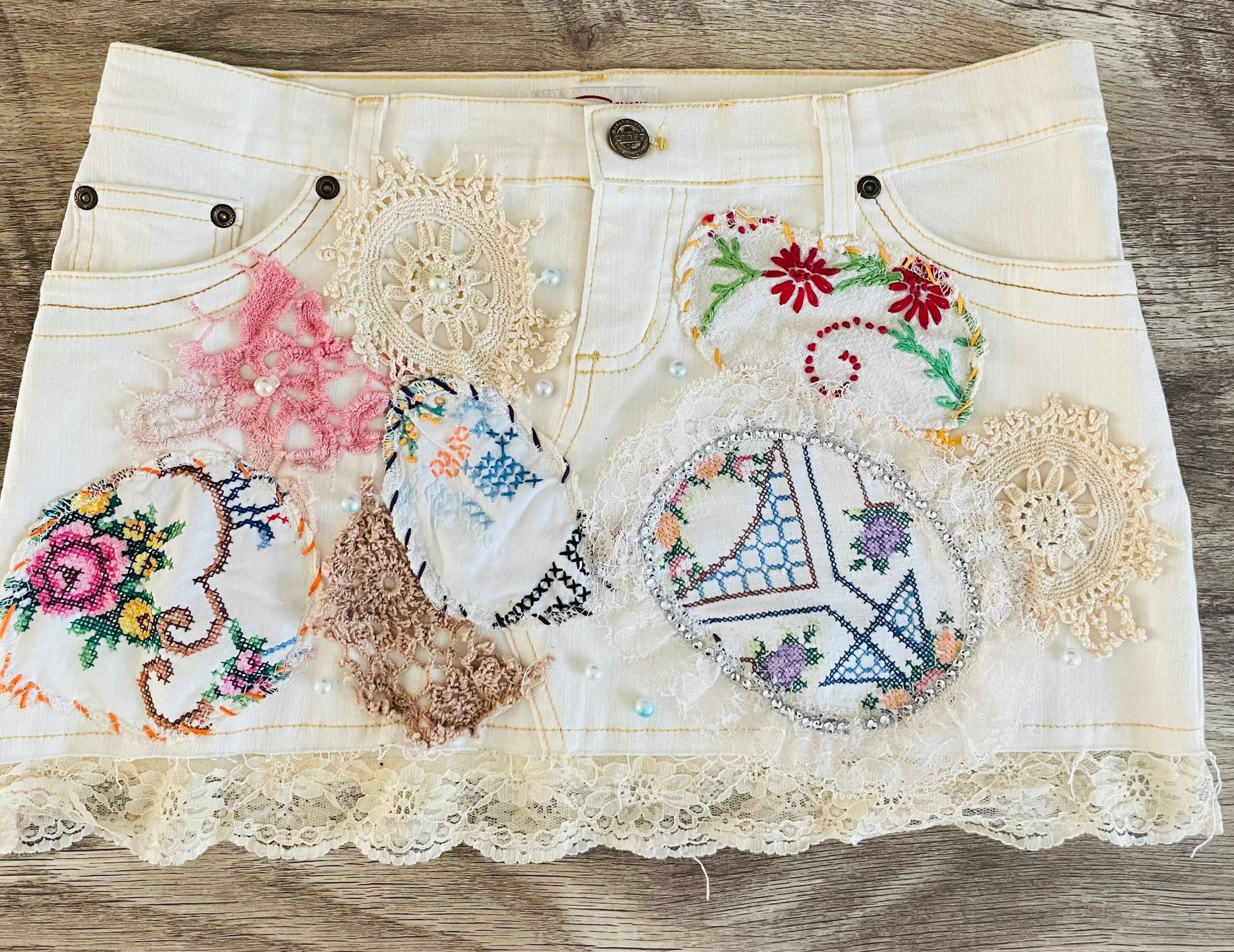 L White Mini Denim Skirt Adorned With Vintage Components Mixed Media ...