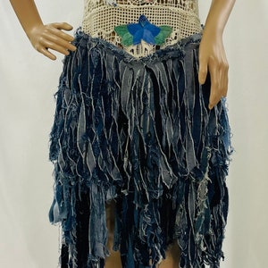 L Distressed denim  crochet patchwork needlework embroidered beach  wedding gown magnolia prairie asymmetrical tutu dress.