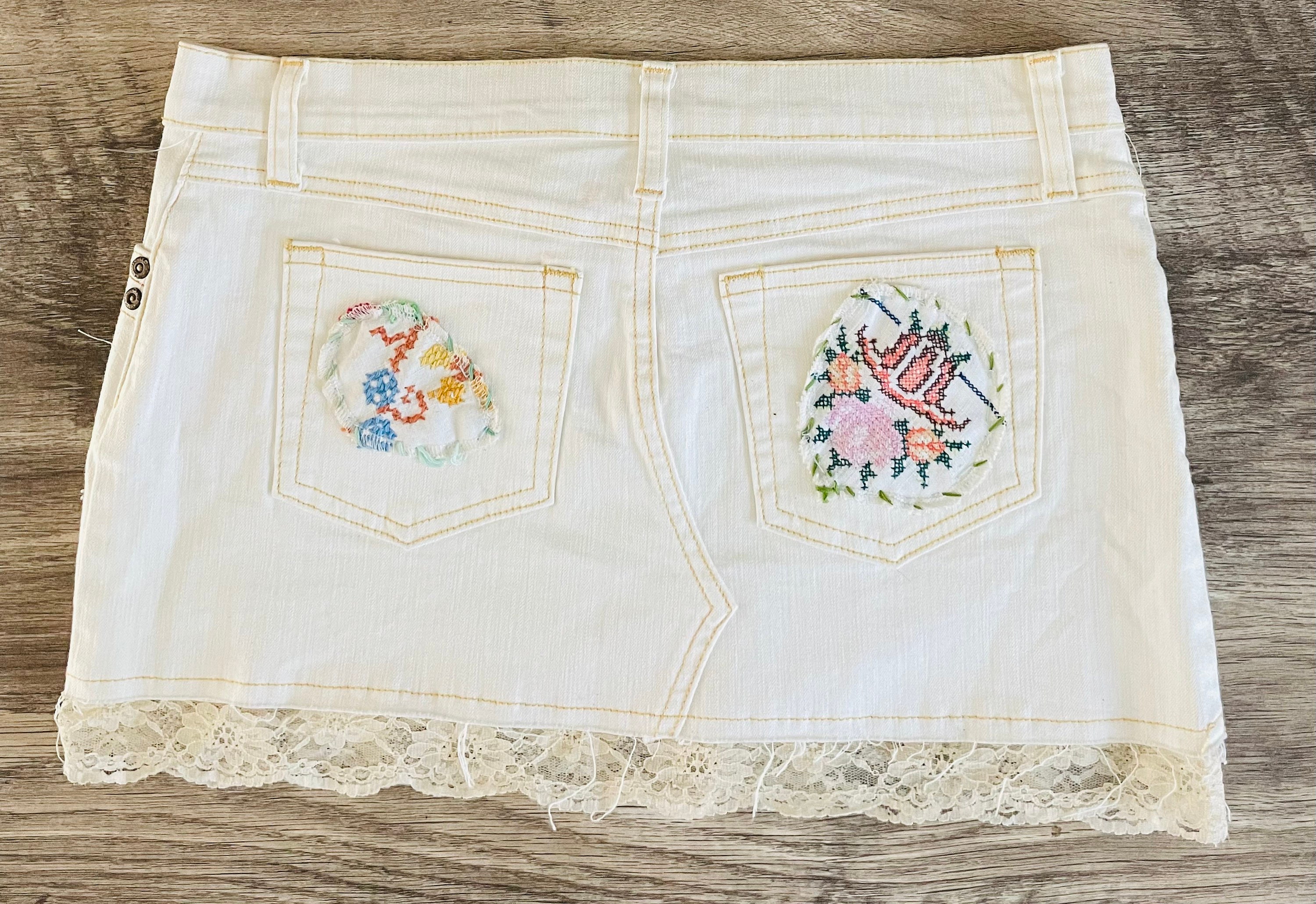 L White Mini Denim Skirt Adorned With Vintage Components Mixed Media ...