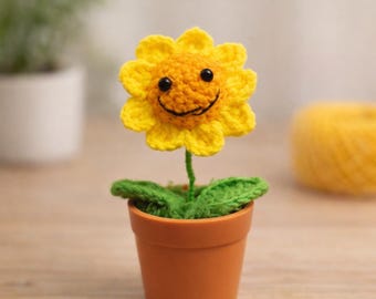 Cute Crochet Sunflower Plant, Handmade Smiling Flower in Mini Pot, Amigurumi Sunflower Gift for Her