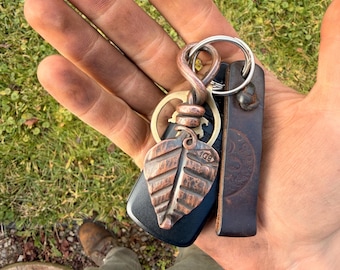 Forged copper leaf keychain
