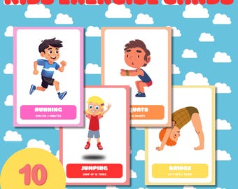 Tarjetas de ejercicios para niños, actividad divertida de movimiento: ¡Salta, corre y diviértete! Tarjetas de ejercicios, tarjetas de actividades de movimiento, tarjetas de movimiento alegre, PDF A4.