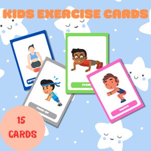 Oefenkaarten, bewegingskaarten voor kinderen, fitnesskaarten voor kinderen, perfect voor thuisonderwijs, fitnesskaarten, 15 bewegingskaarten voor kinderen, pdf, activiteiten voor kinderen.
