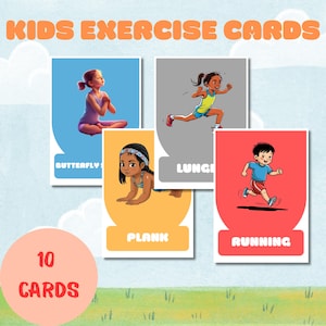 Puede incluir: Conjunto de 10 tarjetas de ejercicio coloridas para niños con ilustraciones de niños realizando diferentes ejercicios, incluyendo mariposa, estocada, plancha y correr. Las tarjetas están diseñadas para ayudar a los niños a aprender sobre diferentes ejercicios y animarlos a ser activos.